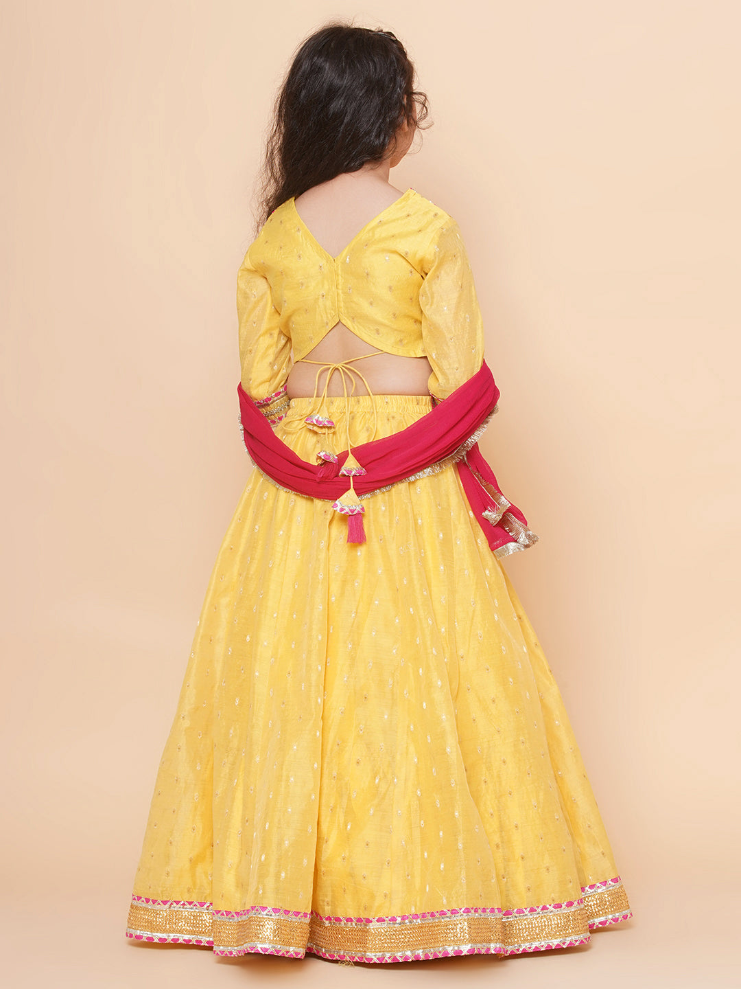 Girls Yellow Jacquard booti Lehenga Choli Ready to Wear with Pink Dupatta for Kids - Bhama - Distacart