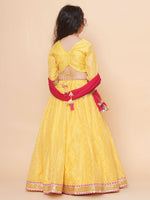 Thumbnail for Girls Yellow Jacquard booti Lehenga Choli Ready to Wear with Pink Dupatta for Kids - Bhama - Distacart