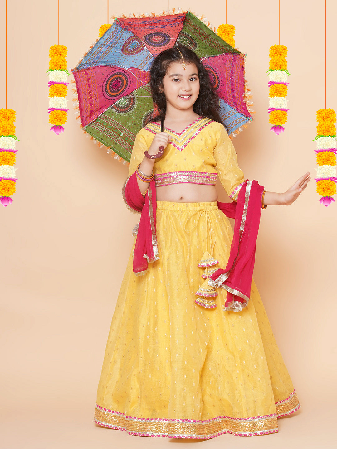 Girls Yellow Jacquard booti Lehenga Choli Ready to Wear with Pink Dupatta for Kids - Bhama - Distacart