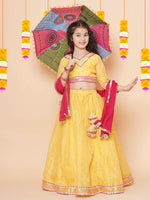 Thumbnail for Girls Yellow Jacquard booti Lehenga Choli Ready to Wear with Pink Dupatta for Kids - Bhama - Distacart