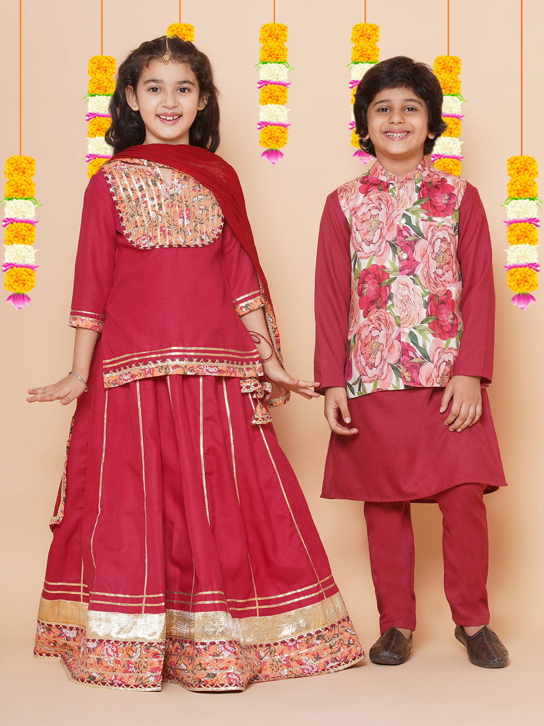 Girls Maroon & Peach Lace work kurti Ready to wear Lehenga with Dupatta for Kids - Bhama - Distacart
