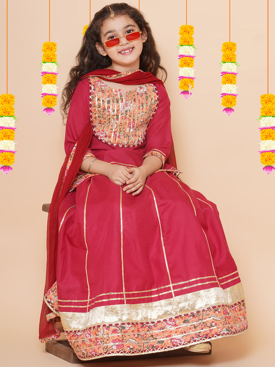 Girls Maroon & Peach Lace work kurti Ready to wear Lehenga with Dupatta for Kids - Bhama - Distacart