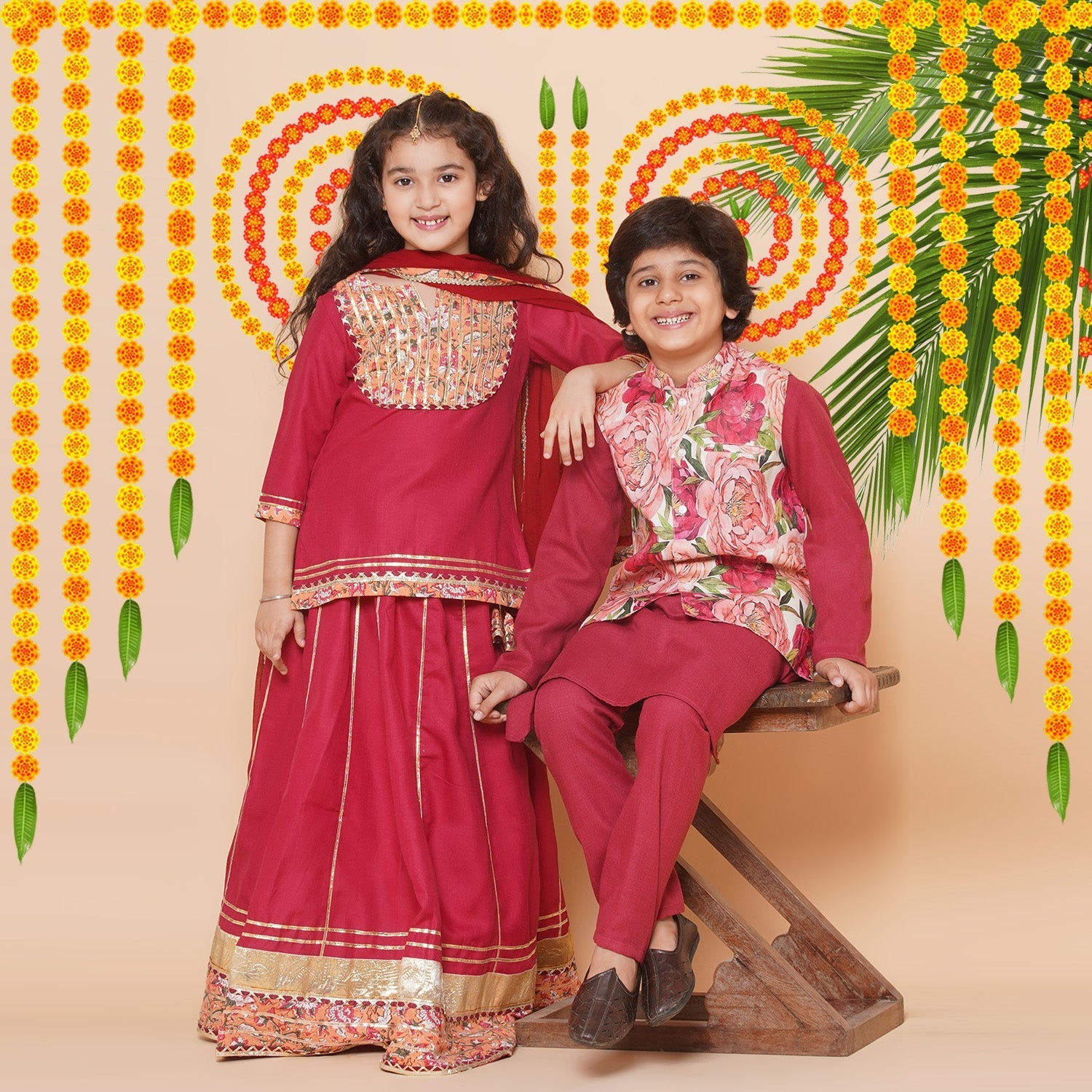Girls Maroon & Peach Lace work kurti Ready to wear Lehenga with Dupatta for Kids - Bhama - Distacart