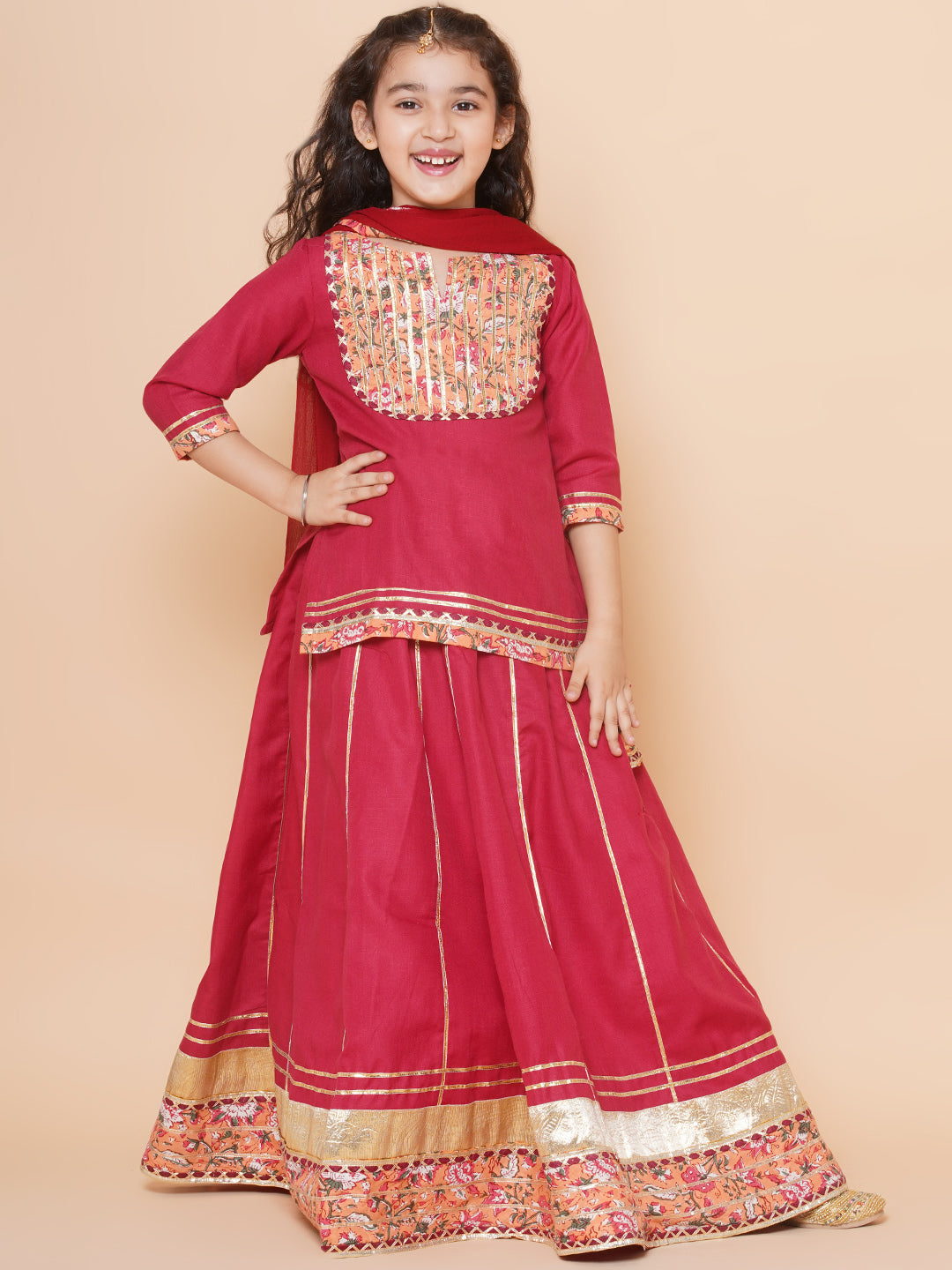 Girls Maroon & Peach Lace work kurti Ready to wear Lehenga with Dupatta for Kids - Bhama - Distacart