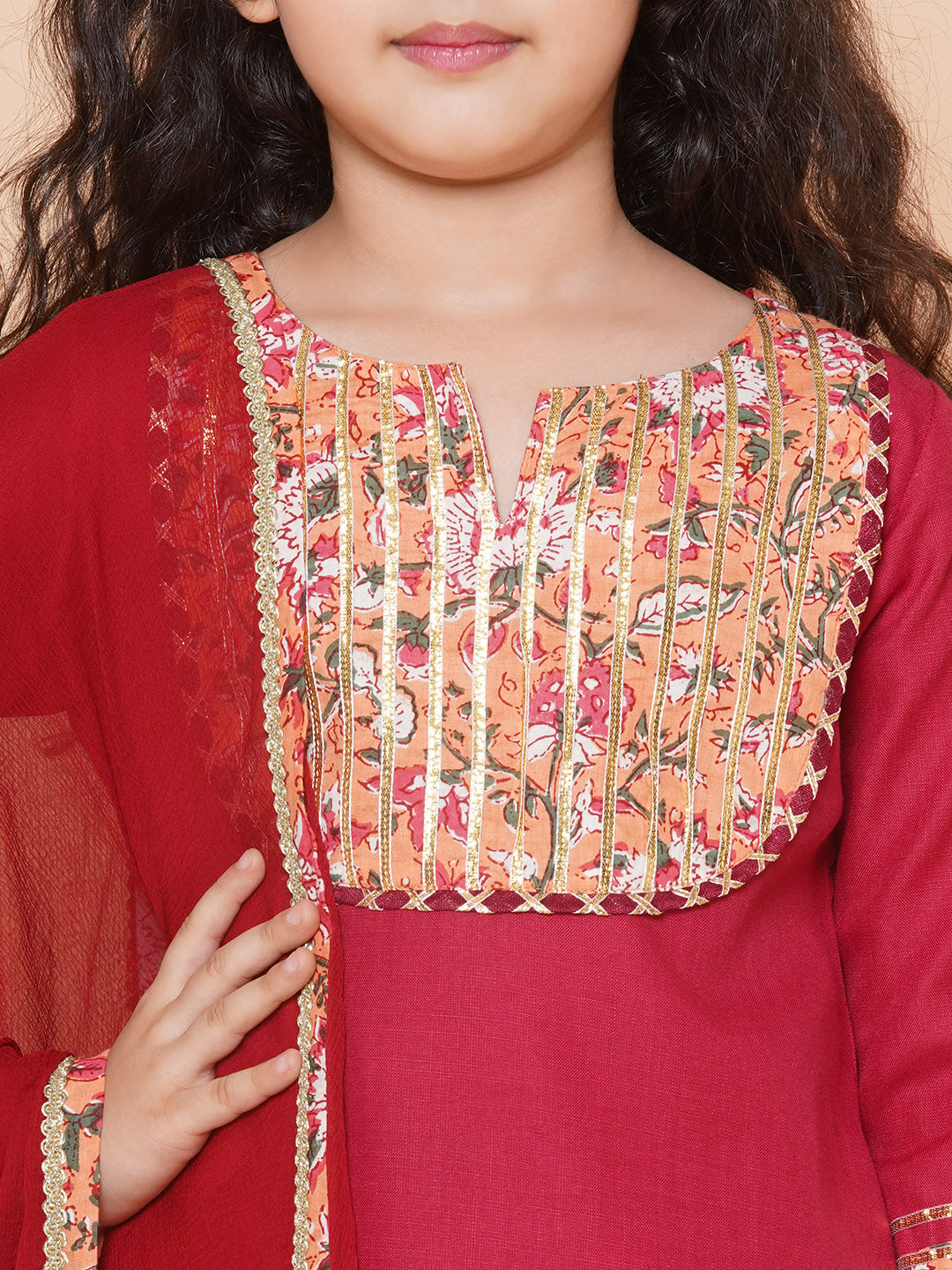 Girls Maroon & Peach Lace work kurti Ready to wear Lehenga with Dupatta for Kids - Bhama - Distacart