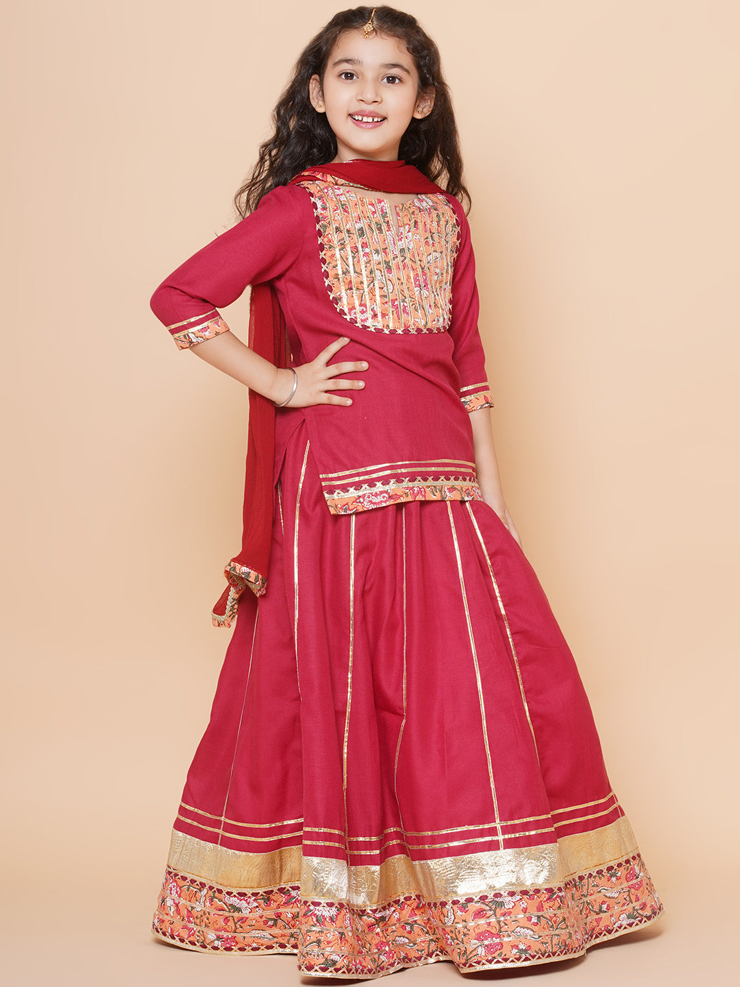 Girls Maroon & Peach Lace work kurti Ready to wear Lehenga with Dupatta for Kids - Bhama - Distacart