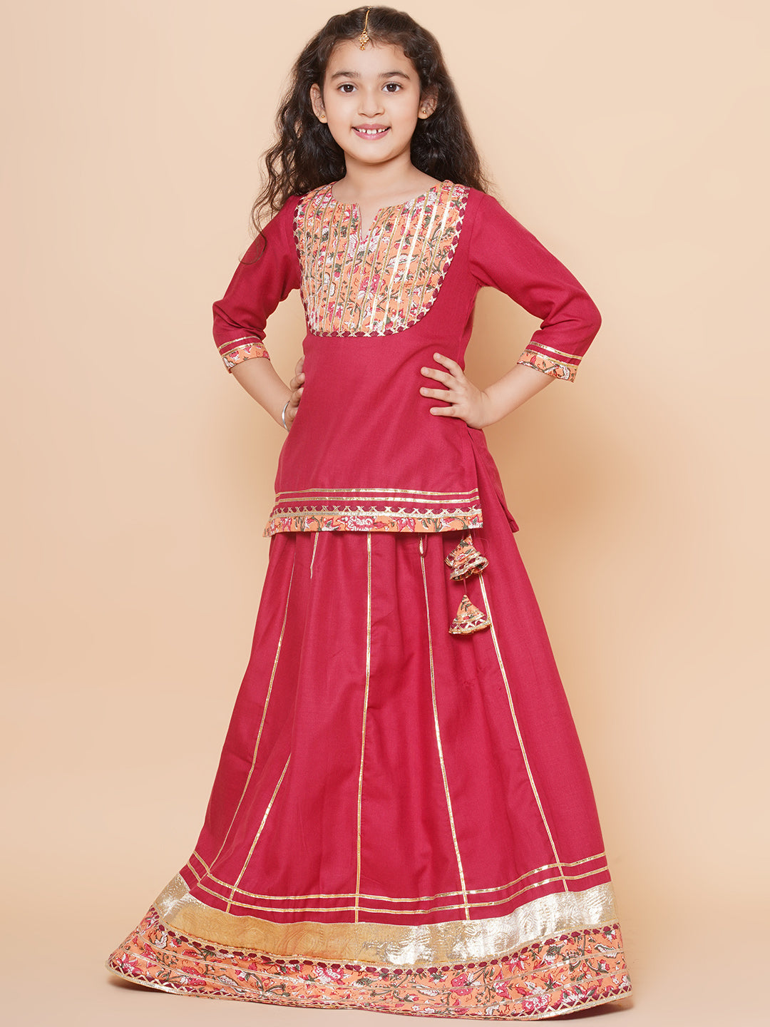 Girls Maroon & Peach Lace work kurti Ready to wear Lehenga with Dupatta for Kids - Bhama - Distacart