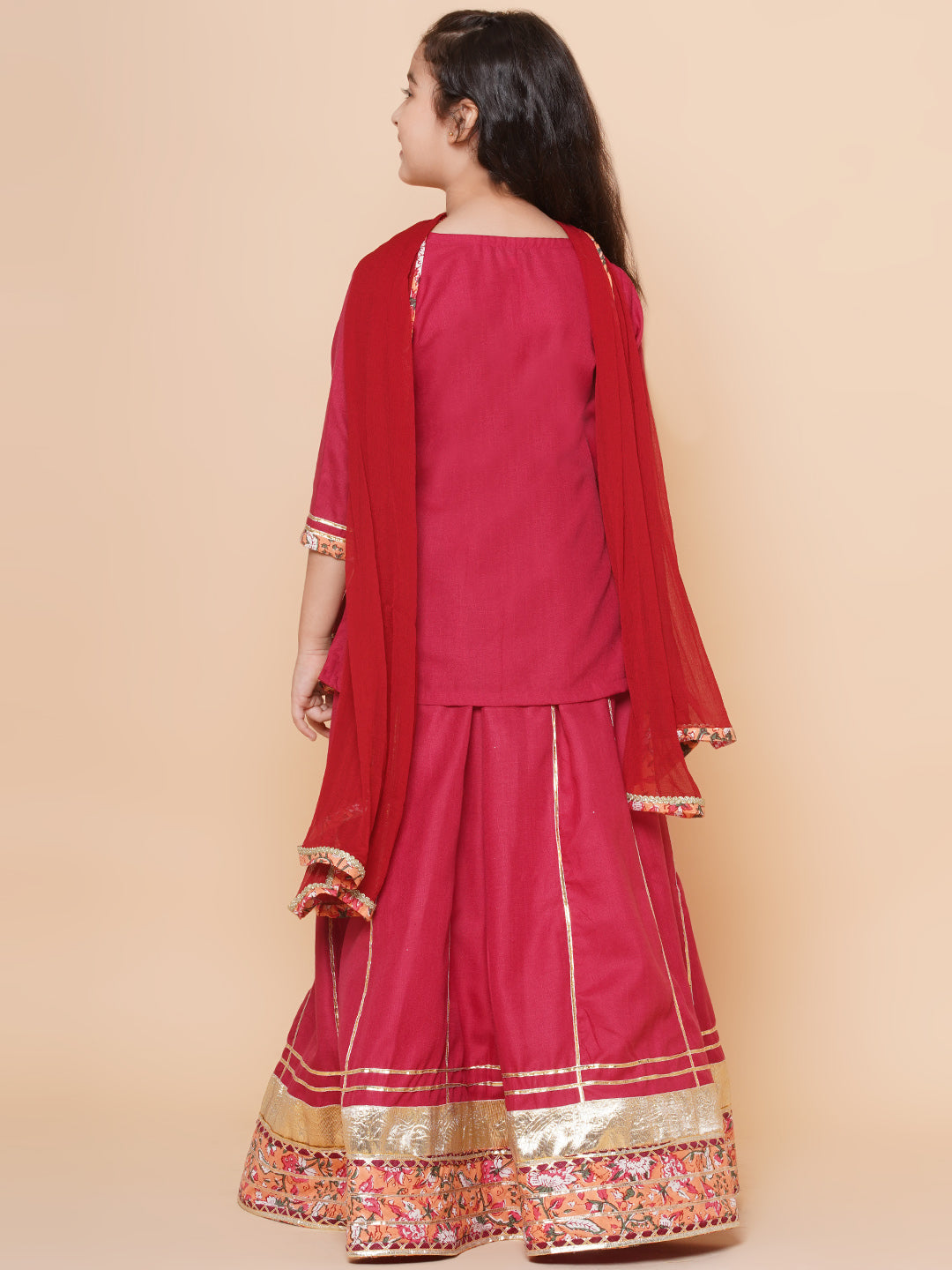 Girls Maroon & Peach Lace work kurti Ready to wear Lehenga with Dupatta for Kids - Bhama - Distacart
