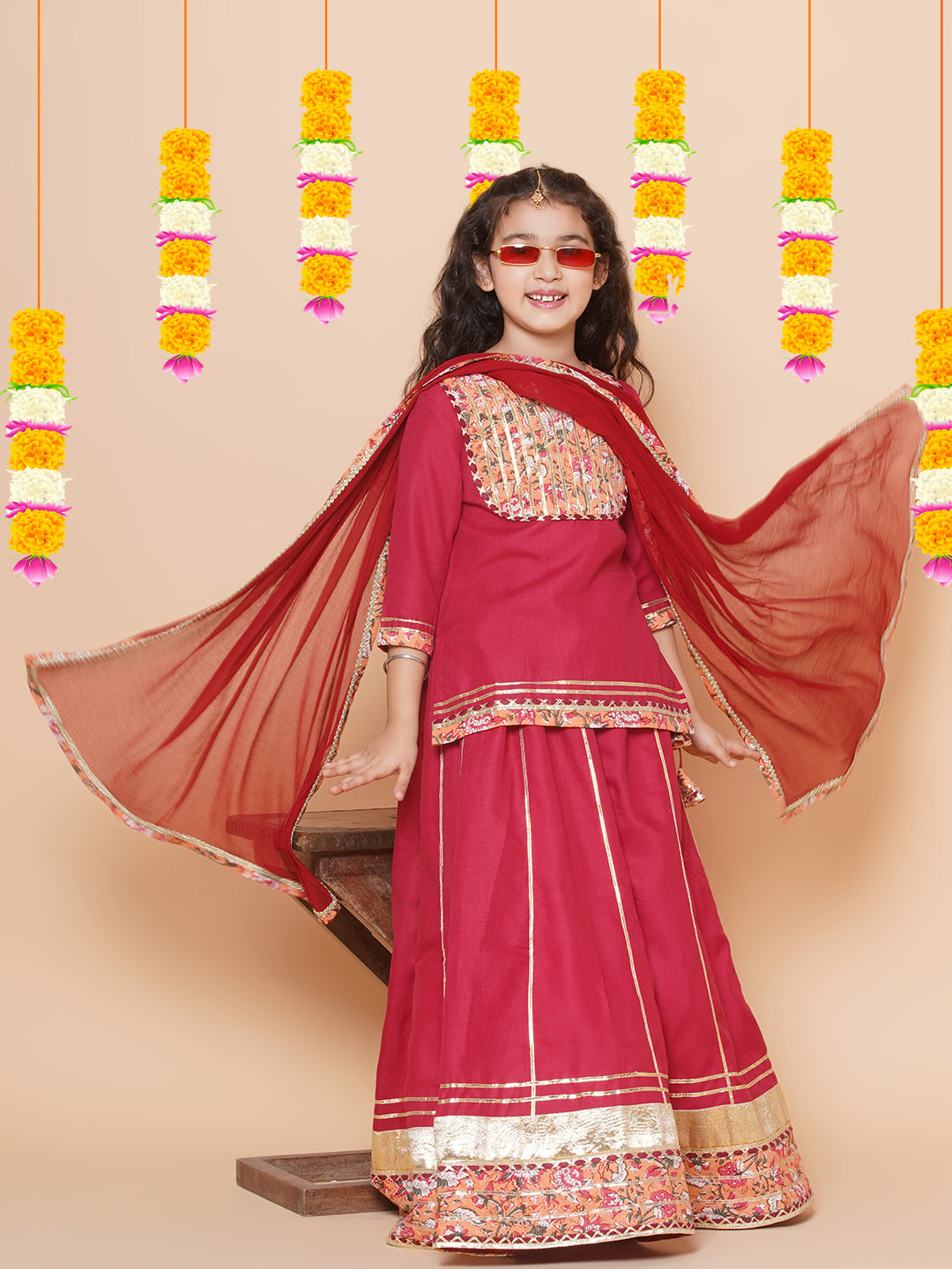 Girls Maroon & Peach Lace work kurti Ready to wear Lehenga with Dupatta for Kids - Bhama - Distacart