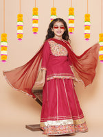 Thumbnail for Girls Maroon & Peach Lace work kurti Ready to wear Lehenga with Dupatta for Kids - Bhama - Distacart