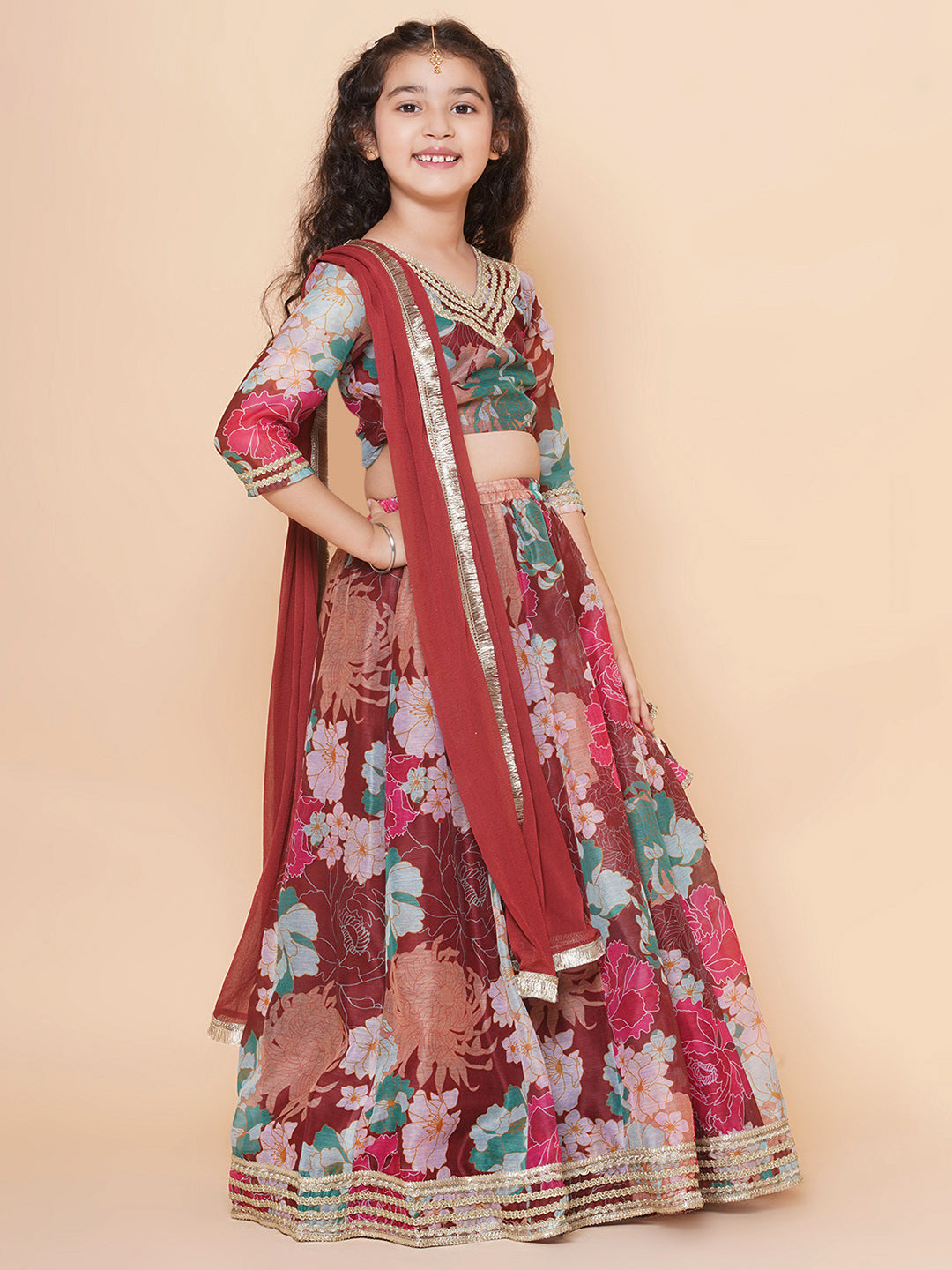 Girls Maroon Digital Multi Flower Printed Choli Lehenga with Maroon Dupatta for Kids - Bhama - Distacart