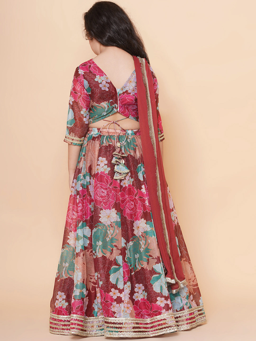 Girls Maroon Digital Multi Flower Printed Choli Lehenga with Maroon Dupatta for Kids - Bhama - Distacart