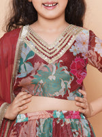 Thumbnail for Girls Maroon Digital Multi Flower Printed Choli Lehenga with Maroon Dupatta for Kids - Bhama - Distacart