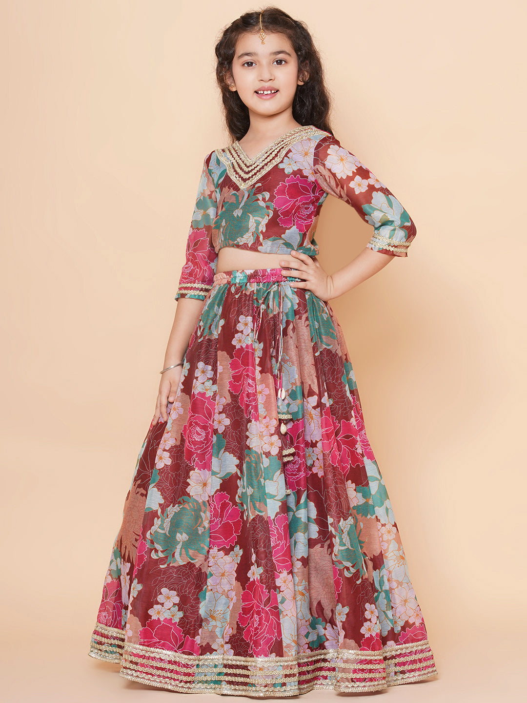 Girls Maroon Digital Multi Flower Printed Choli Lehenga with Maroon Dupatta for Kids - Bhama - Distacart