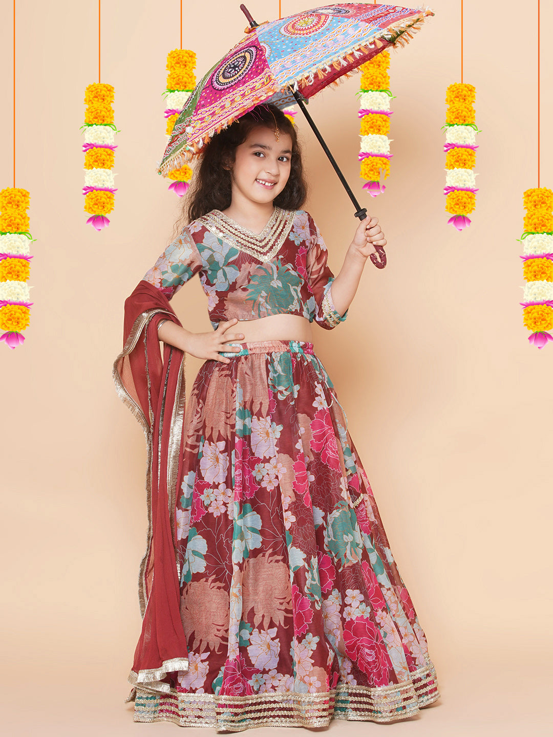 Girls Maroon Digital Multi Flower Printed Choli Lehenga with Maroon Dupatta for Kids - Bhama - Distacart