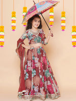 Thumbnail for Girls Maroon Digital Multi Flower Printed Choli Lehenga with Maroon Dupatta for Kids - Bhama - Distacart