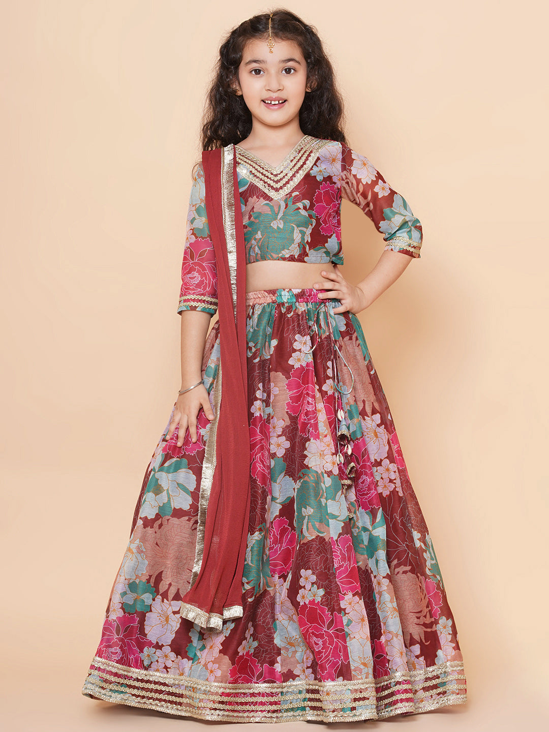 Girls Maroon Digital Multi Flower Printed Choli Lehenga with Maroon Dupatta for Kids - Bhama - Distacart