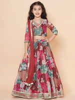 Thumbnail for Girls Maroon Digital Multi Flower Printed Choli Lehenga with Maroon Dupatta for Kids - Bhama - Distacart