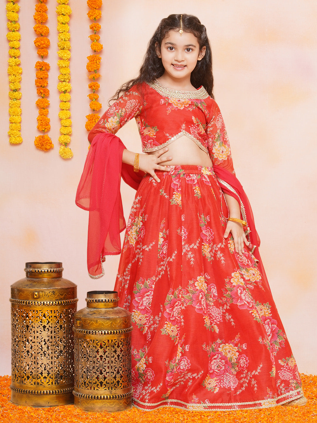 Girls Red & Green Digital Flower Print Lace work Choli Lehenga with Dupatta - Bhama - Distacart