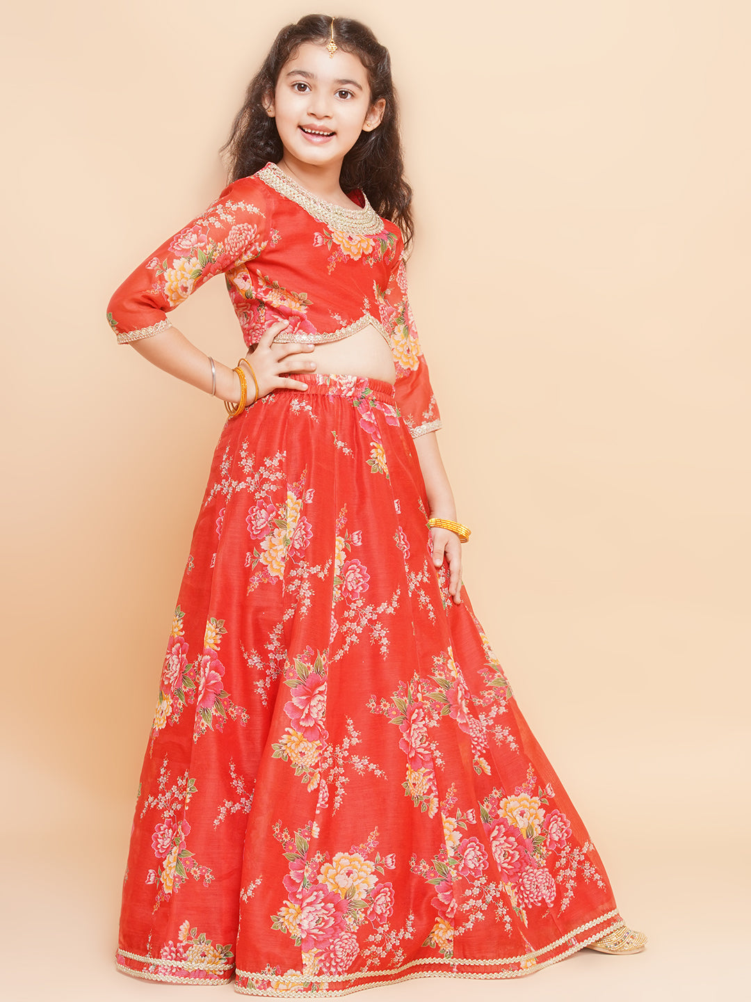 Girls Red & Green Digital Flower Print Lace work Choli Lehenga with Dupatta - Bhama - Distacart