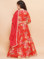 Thumbnail for Girls Red & Green Digital Flower Print Lace work Choli Lehenga with Dupatta - Bhama - Distacart