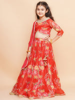 Thumbnail for Girls Red & Green Digital Flower Print Lace work Choli Lehenga with Dupatta - Bhama - Distacart
