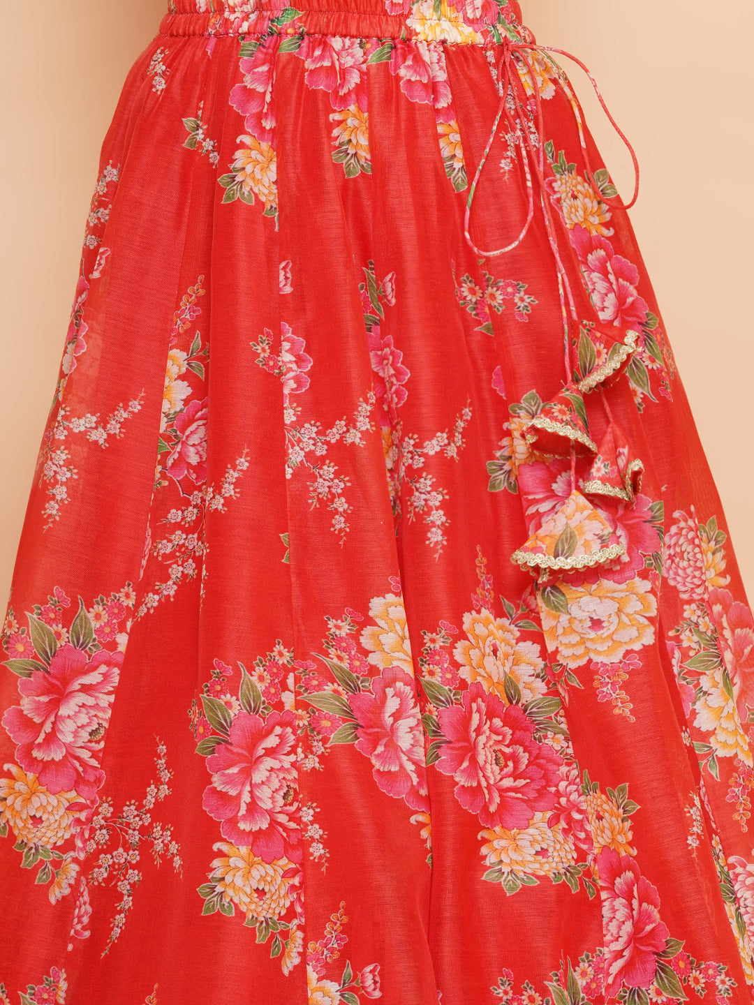 Girls Red & Green Digital Flower Print Lace work Choli Lehenga with Dupatta - Bhama - Distacart