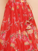 Thumbnail for Girls Red & Green Digital Flower Print Lace work Choli Lehenga with Dupatta - Bhama - Distacart