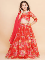 Thumbnail for Girls Red & Green Digital Flower Print Lace work Choli Lehenga with Dupatta - Bhama - Distacart