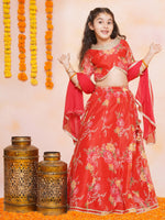 Thumbnail for Girls Red & Green Digital Flower Print Lace work Choli Lehenga with Dupatta - Bhama - Distacart