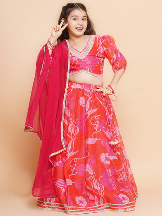 Girls Red & Pink Digital Flower Print Lace work Choli Lehenga with Dupatta - Bhama - Distacart