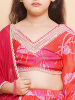 Thumbnail for Girls Red & Pink Digital Flower Print Lace work Choli Lehenga with Dupatta - Bhama - Distacart