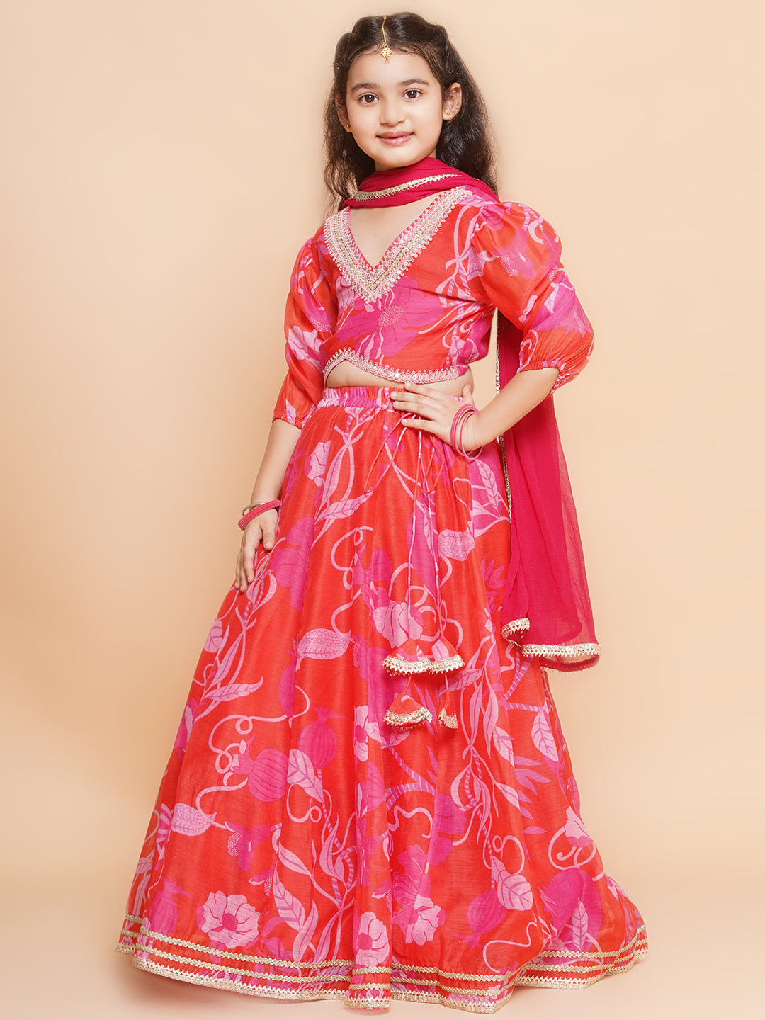 Girls Red & Pink Digital Flower Print Lace work Choli Lehenga with Dupatta - Bhama - Distacart