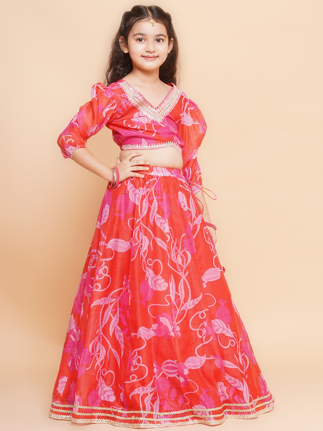 Girls Red & Pink Digital Flower Print Lace work Choli Lehenga with Dupatta - Bhama - Distacart