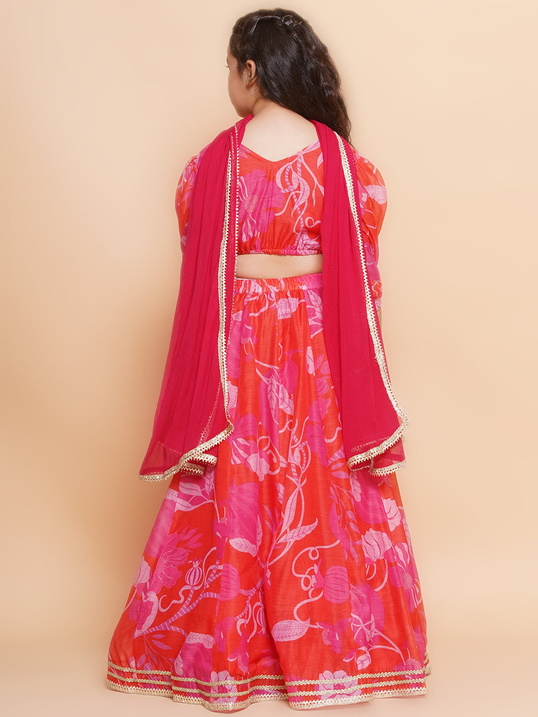 Girls Red & Pink Digital Flower Print Lace work Choli Lehenga with Dupatta - Bhama - Distacart