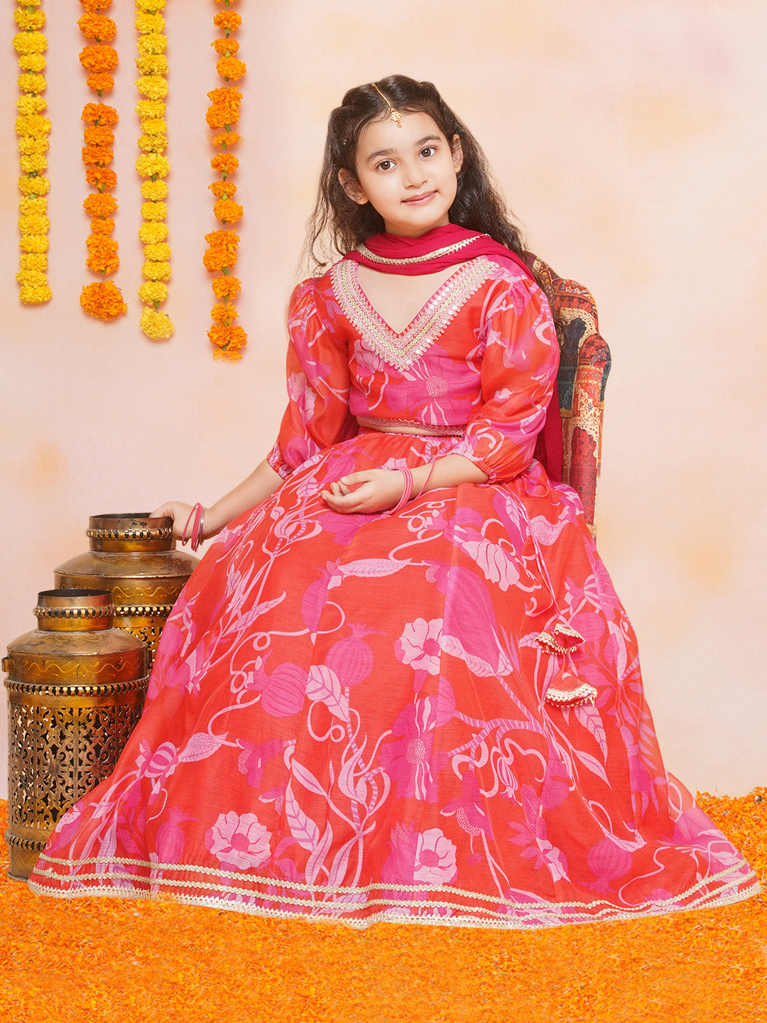 Girls Red & Pink Digital Flower Print Lace work Choli Lehenga with Dupatta - Bhama - Distacart