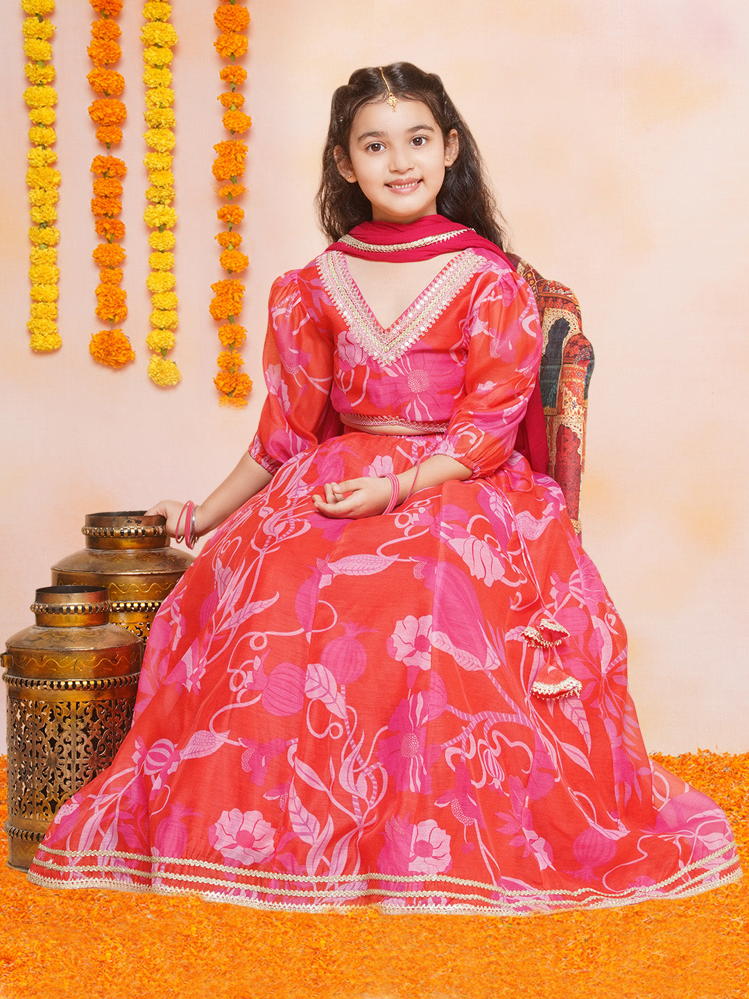 Girls Red & Pink Digital Flower Print Lace work Choli Lehenga with Dupatta - Bhama - Distacart