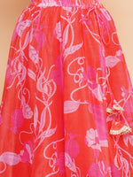 Thumbnail for Girls Red & Pink Digital Flower Print Lace work Choli Lehenga with Dupatta - Bhama - Distacart