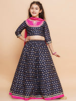 Thumbnail for Girls Navy blue Jacquard design Lehenga &Detailed Blouse With Dupatta for Kids - Bhama - Distacart