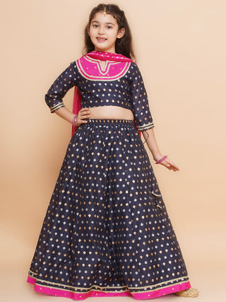 Girls Navy blue Jacquard design Lehenga &Detailed Blouse With Dupatta for Kids - Bhama - Distacart