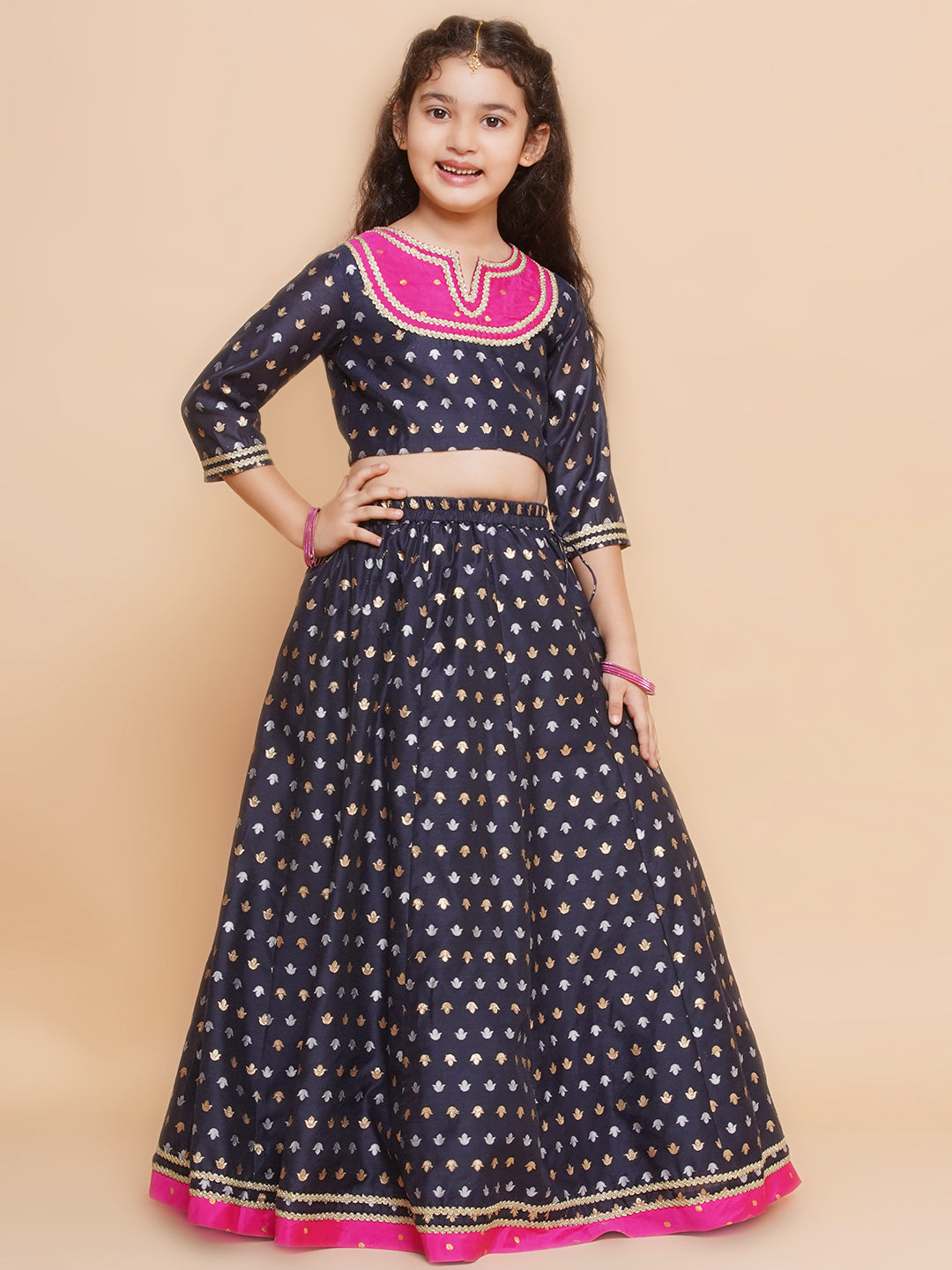 Girls Navy blue Jacquard design Lehenga &Detailed Blouse With Dupatta for Kids - Bhama - Distacart