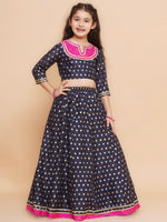 Thumbnail for Girls Navy blue Jacquard design Lehenga &Detailed Blouse With Dupatta for Kids - Bhama - Distacart