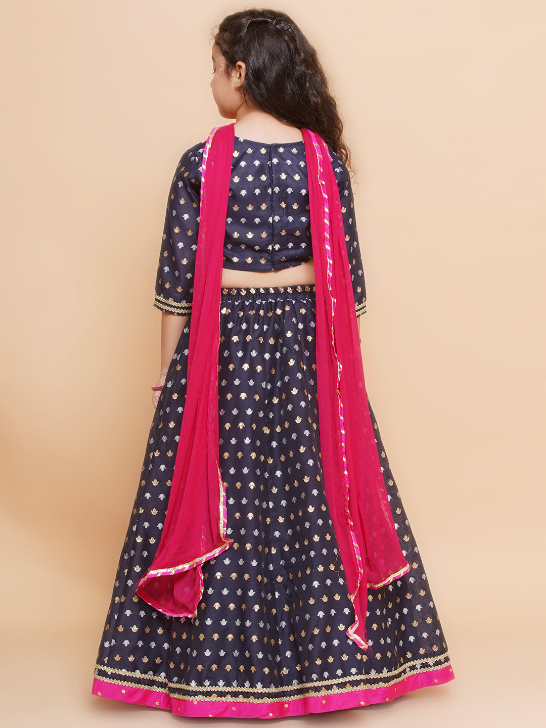 Girls Navy blue Jacquard design Lehenga &Detailed Blouse With Dupatta for Kids - Bhama - Distacart