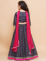 Thumbnail for Girls Navy blue Jacquard design Lehenga &Detailed Blouse With Dupatta for Kids - Bhama - Distacart