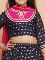 Thumbnail for Girls Navy blue Jacquard design Lehenga &Detailed Blouse With Dupatta for Kids - Bhama - Distacart
