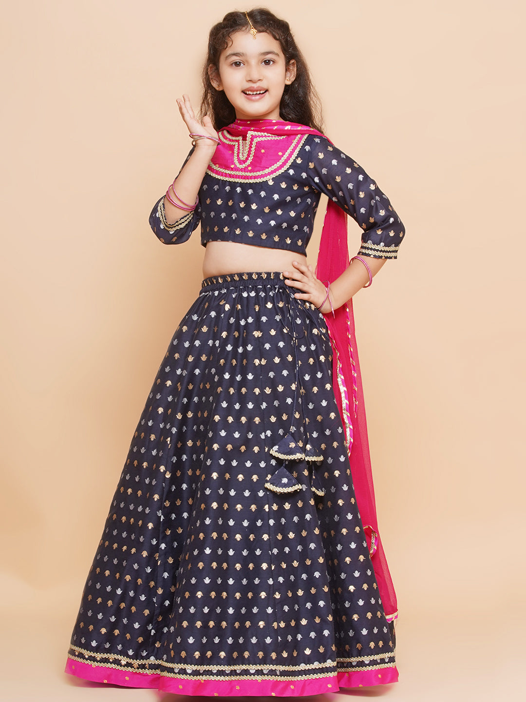 Girls Navy blue Jacquard design Lehenga &Detailed Blouse With Dupatta for Kids - Bhama - Distacart