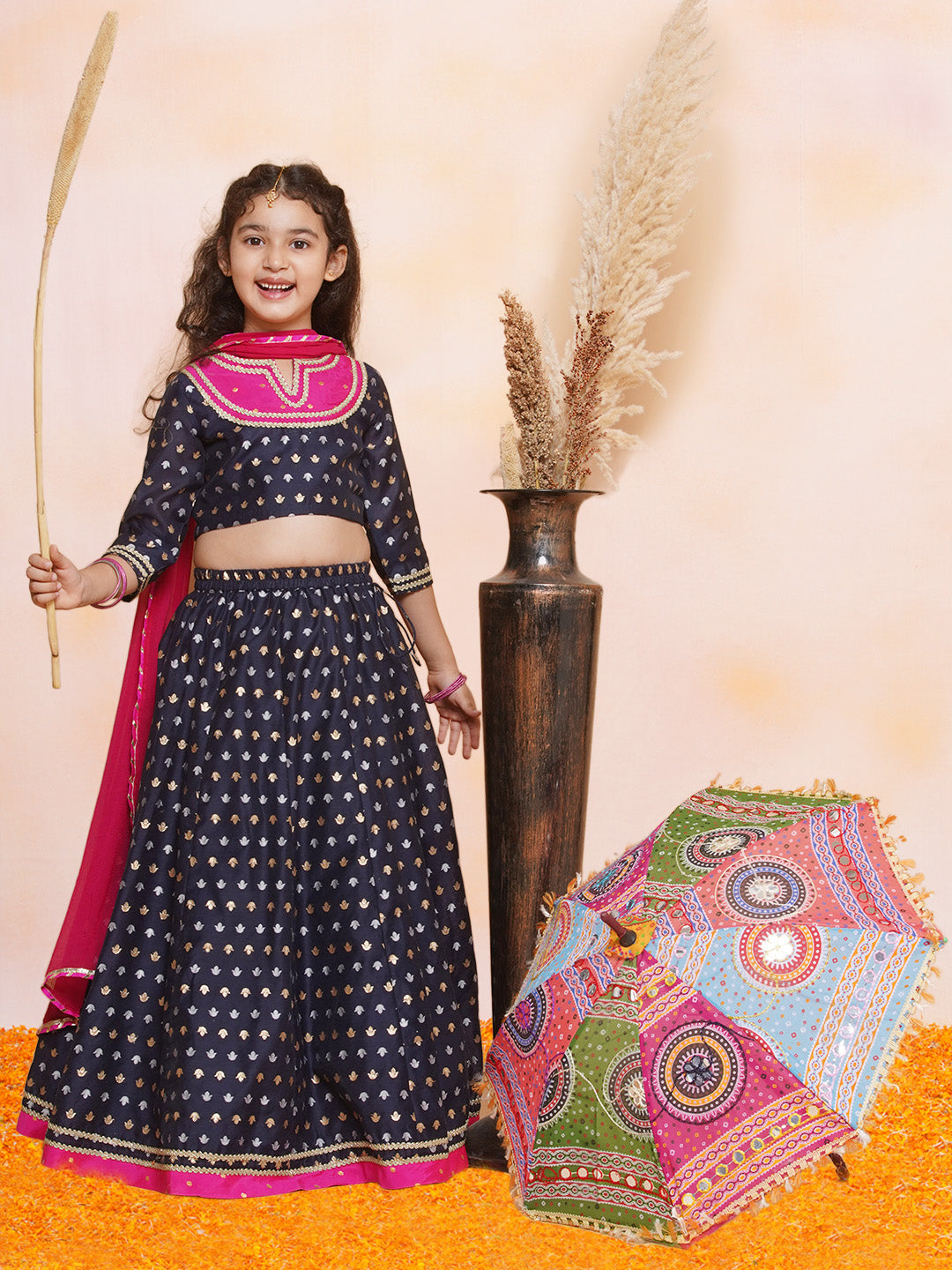 Girls Navy blue Jacquard design Lehenga &Detailed Blouse With Dupatta for Kids - Bhama - Distacart