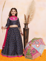 Thumbnail for Girls Navy blue Jacquard design Lehenga &Detailed Blouse With Dupatta for Kids - Bhama - Distacart