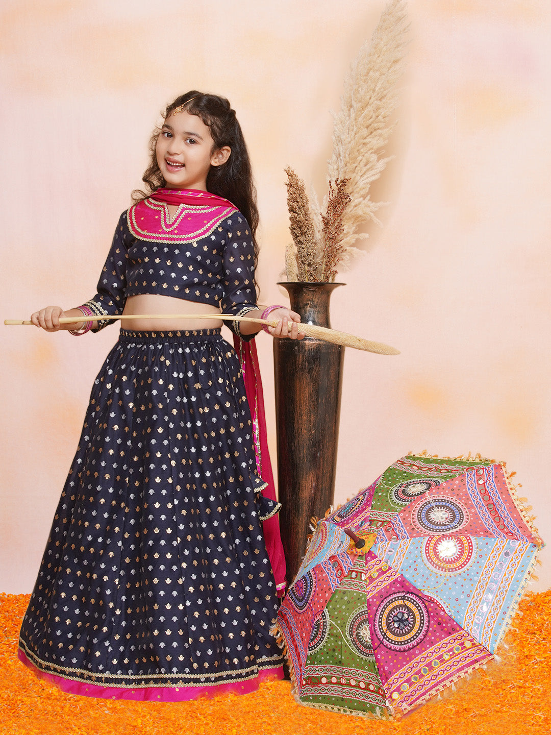 Girls Navy blue Jacquard design Lehenga &Detailed Blouse With Dupatta for Kids - Bhama - Distacart
