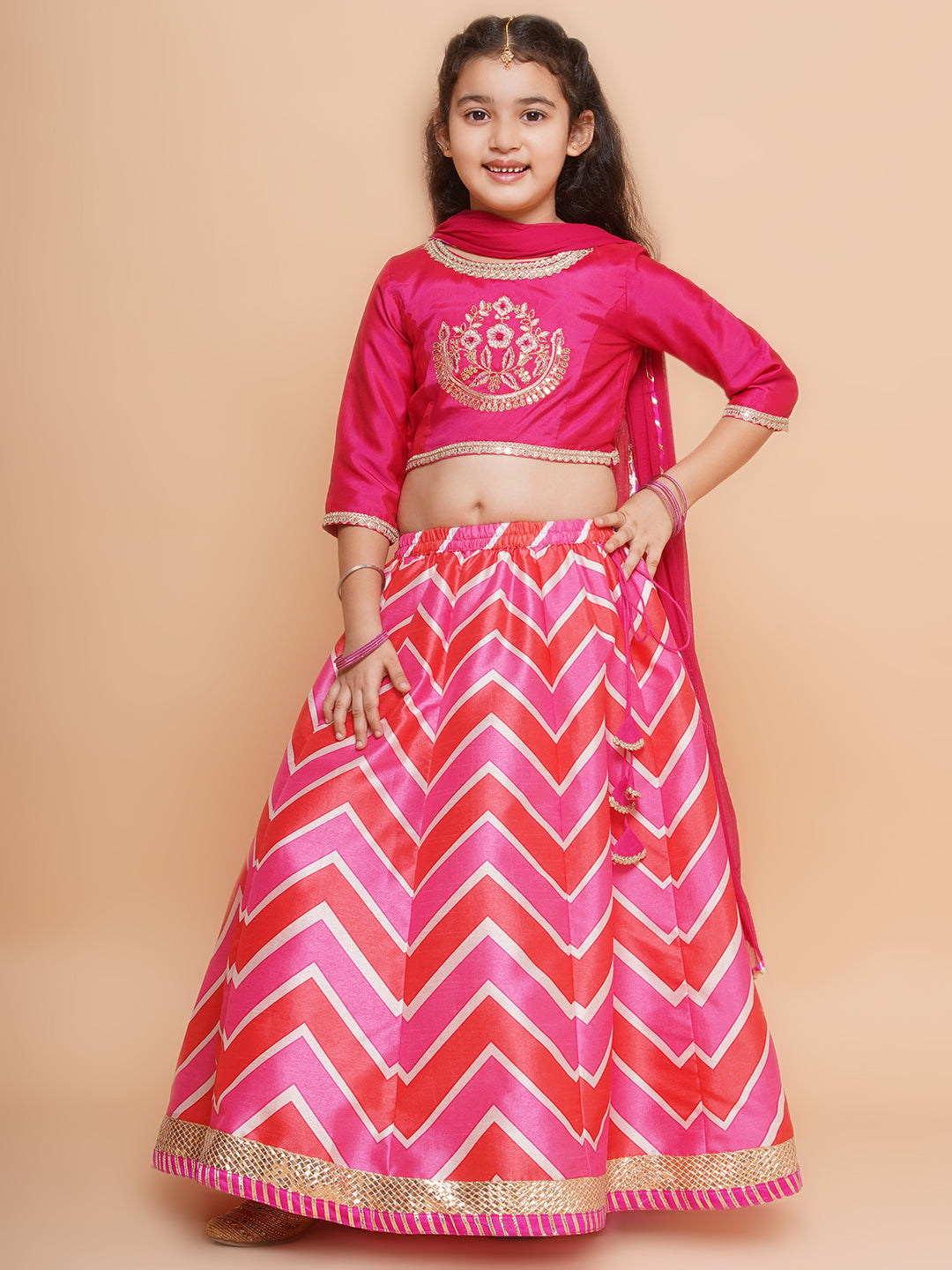 Girls Pink & White Embroidered Choli Pink Zig Zag Printed Lehenga with Dupatta - Bhama - Distacart